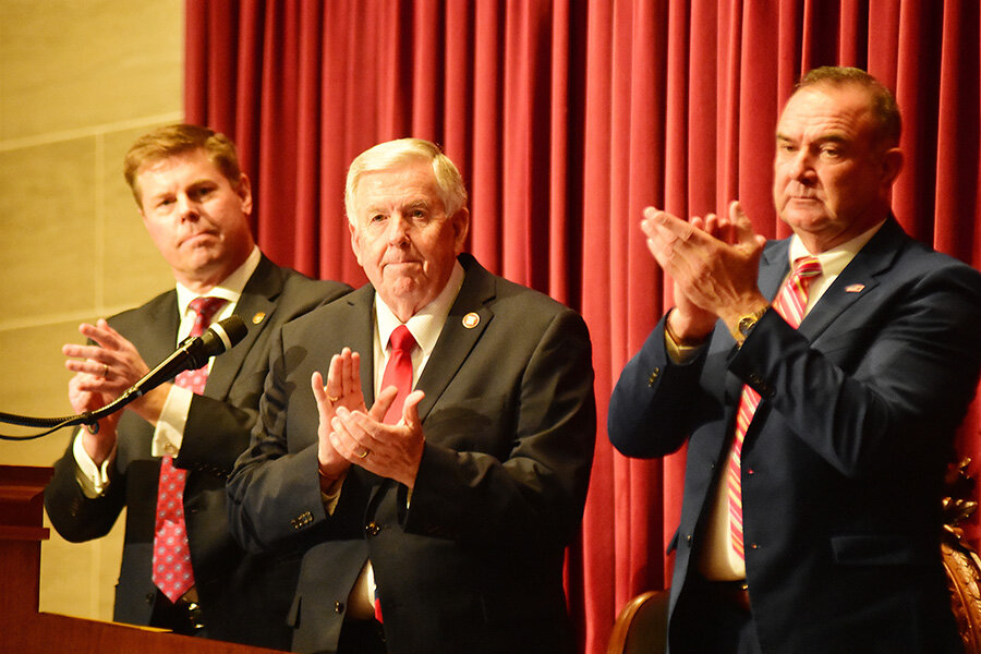 HOUSE SPEAKER Dean Plocher, Gov. Mike Parson, and Lt. Gov. Mike Kehoe applaud Jan. 17 (from left) as guests are introduced in the House prior to Parson’s final State of the State address.